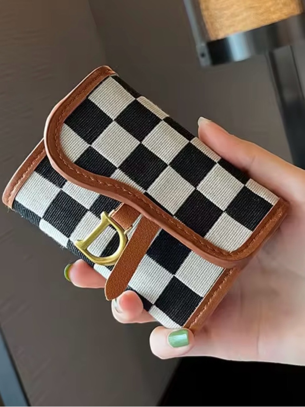 Nordstrom Black and White Checkered Wallet with Brown Trim